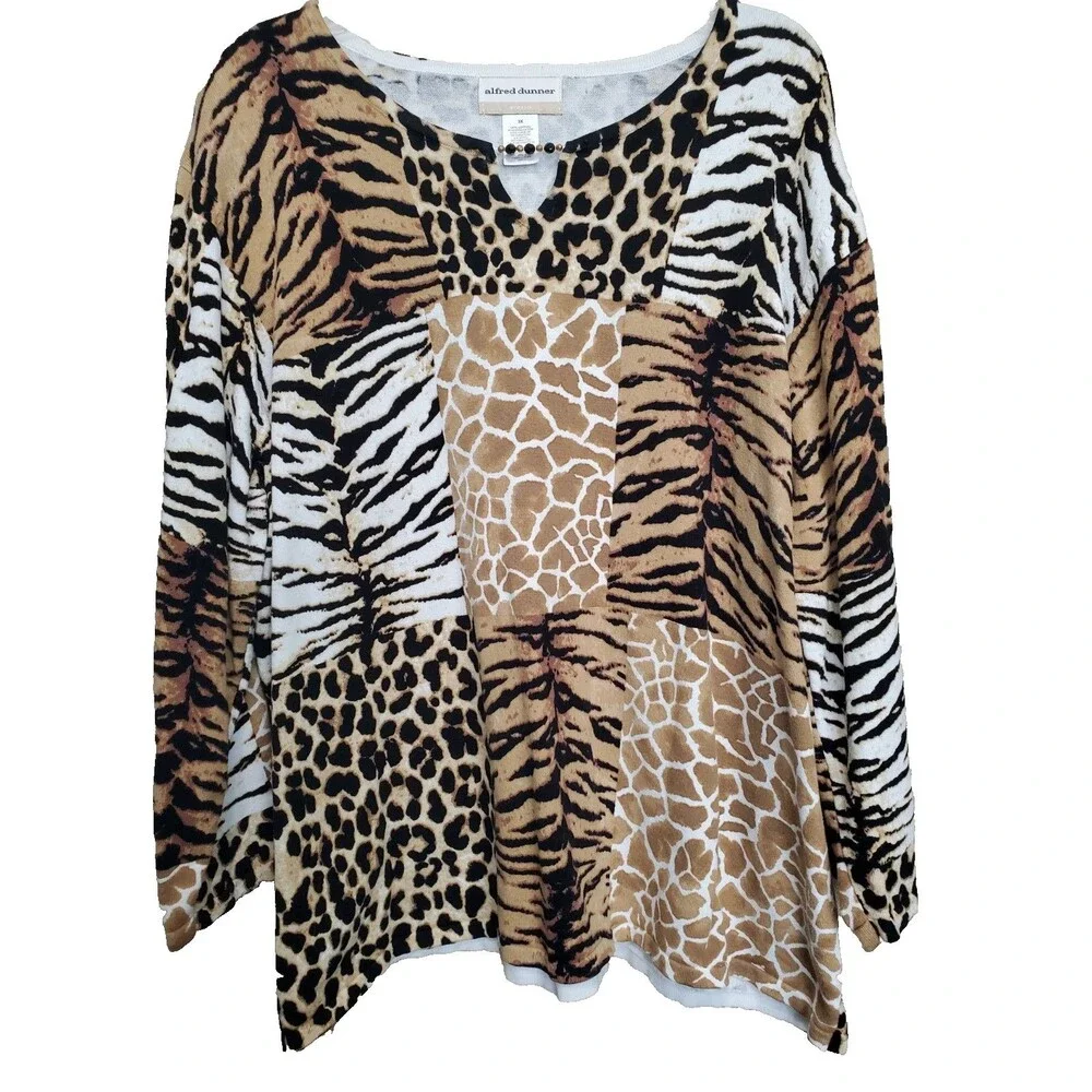 Alfred Dunner Woman Patchwork Animal Print Beaded Split Neck Sweater Tunic Sz 3X